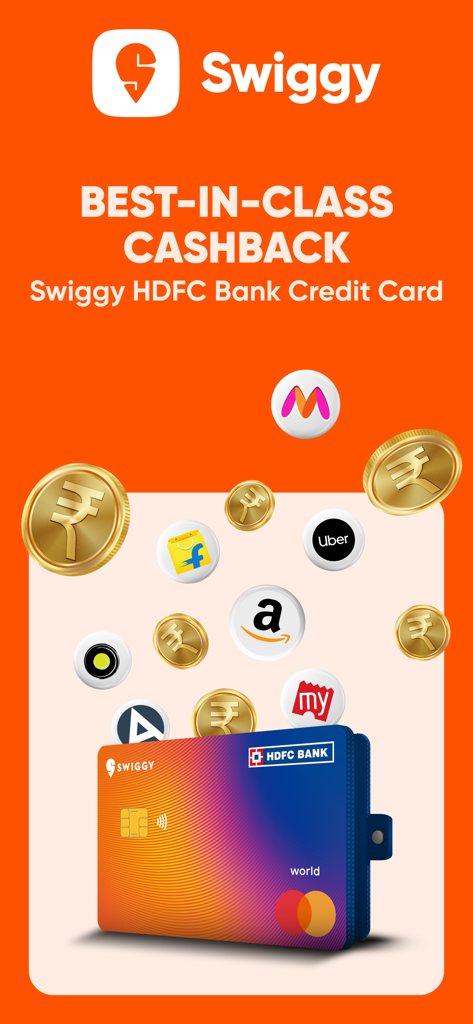 Promotion for the Swiggy HDFC Bank Credit Card showing best-in-class cashback with logos of partner brands like Amazon Uber and Flipkart