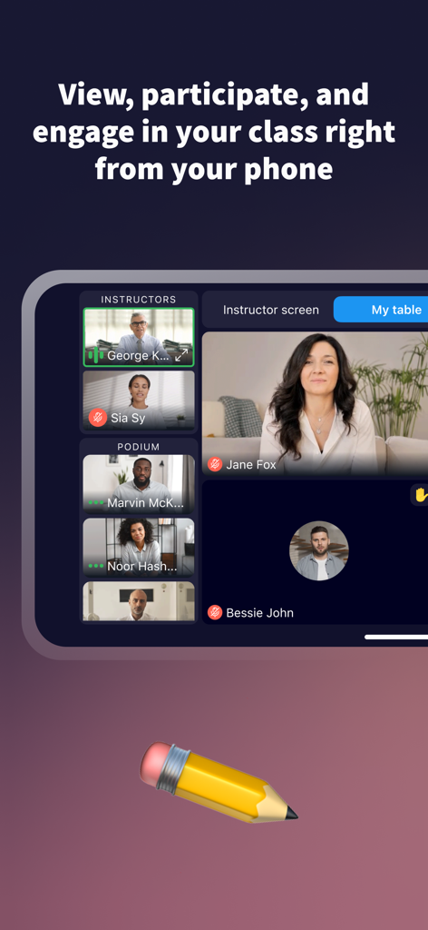 Engageli - Engageli mobile app interface for virtual classrooms and active learning