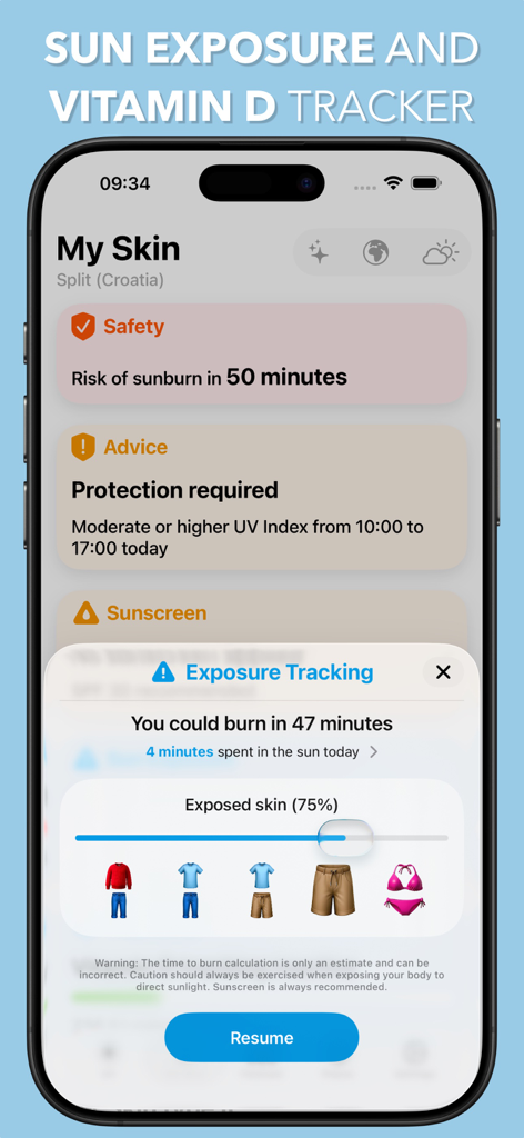 Mobiler App-Bildschirm für Sonnenexposition und Vitamin-D-Tracking mit Warnungen zum Sonnenbrandrisiko.