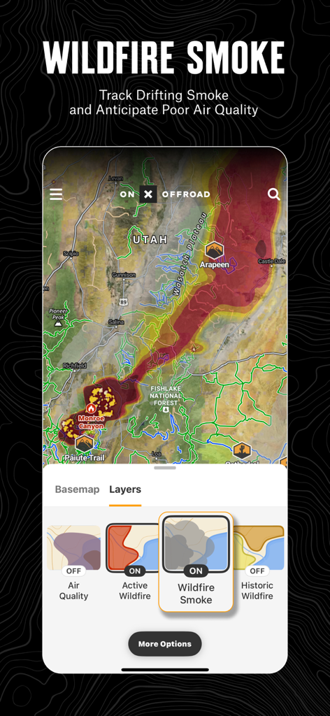 onX Offroad app interface showing wildfire smoke and active wildfire map layers for safety