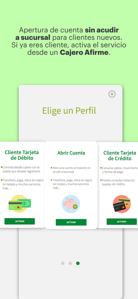 Pantalla de la aplicación móvil Afirme Movil que muestra opciones para elegir un perfil para abrir una nueva cuenta o administrar tarjetas de débito y crédito.