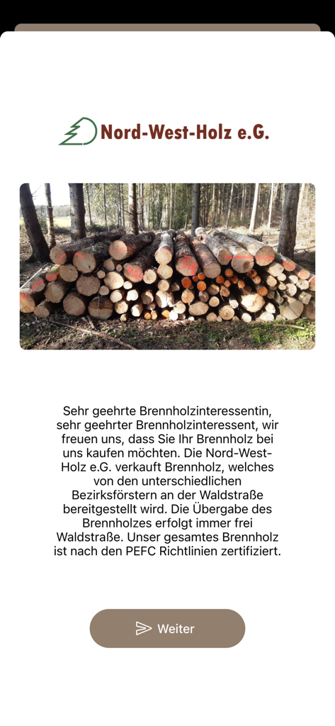 Brennholzfreunde - Brennholzfreunde app welcome screen showing stacked firewood in a forest with company branding