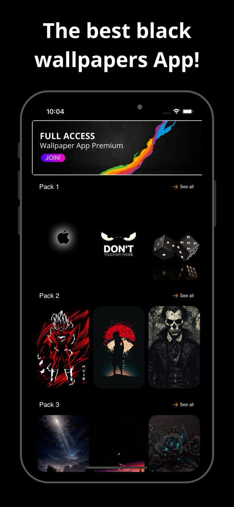 Black Wallpaper 4k - Interfaz de aplicación móvil que muestra varios paquetes de fondos de pantalla con temática oscura, incluyendo diseños de anime y minimalistas.