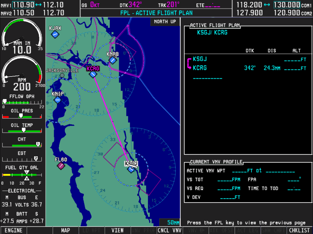Simionic G1000 MFD interface showing a moving navigation map engine instruments and active flight plan