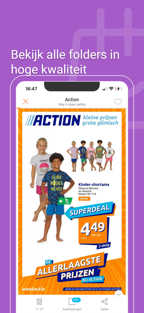 Un volantino digitale di alta qualità del negozio Action mostrato sull'app mobile Folderz con pigiami per bambini e offerte