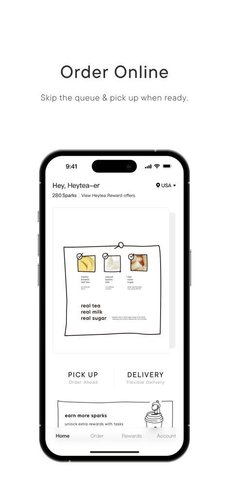 HEYTEA mobile app interface for ordering online with options for pick up and delivery