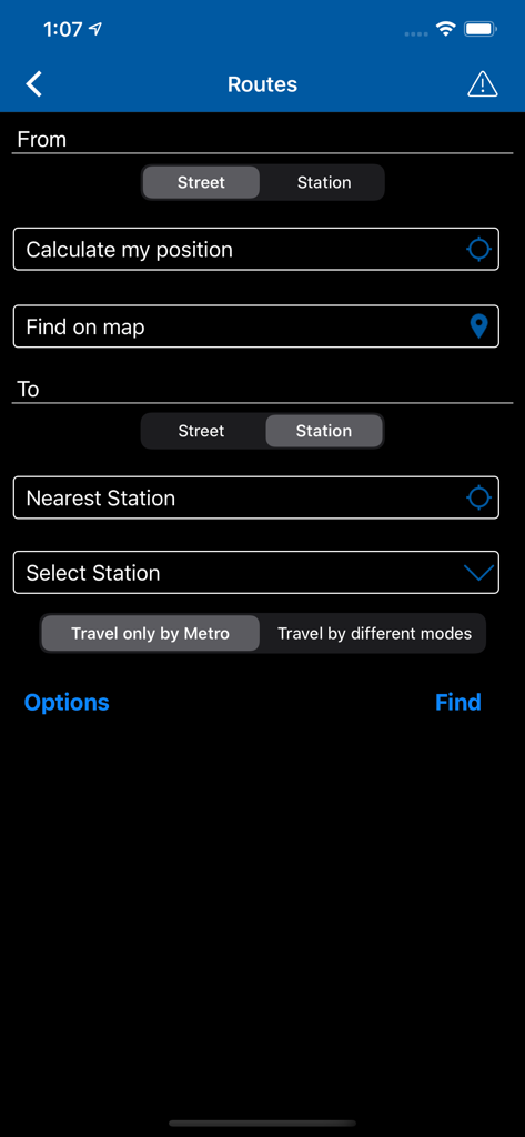 Official Metro de Madrid - Schermata di pianificazione degli itinerari dell'app ufficiale Metro di Madrid per i viaggiatori per trovare indicazioni della metropolitana