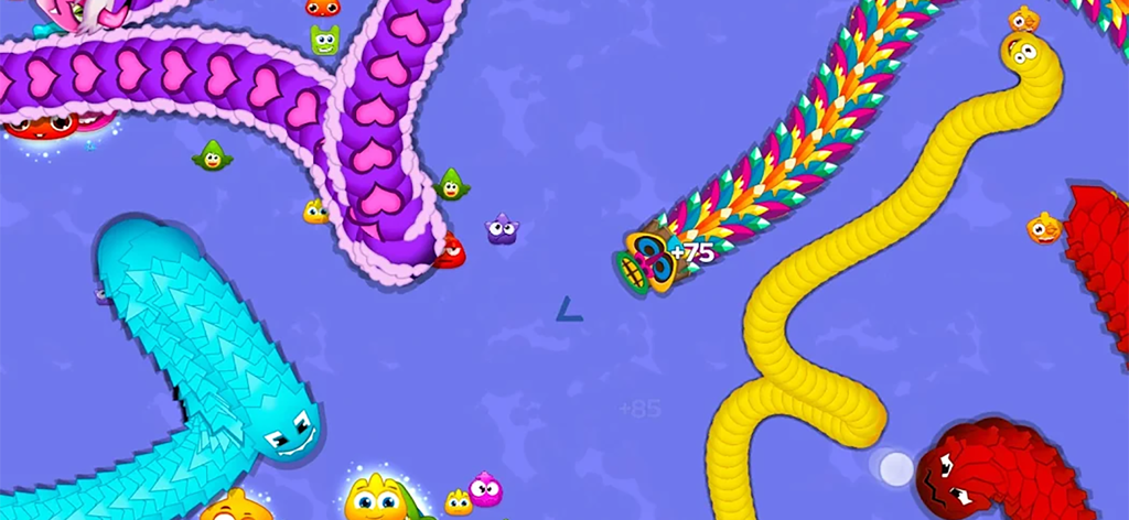 Colorful worms with unique skins competing in a slither snake arena