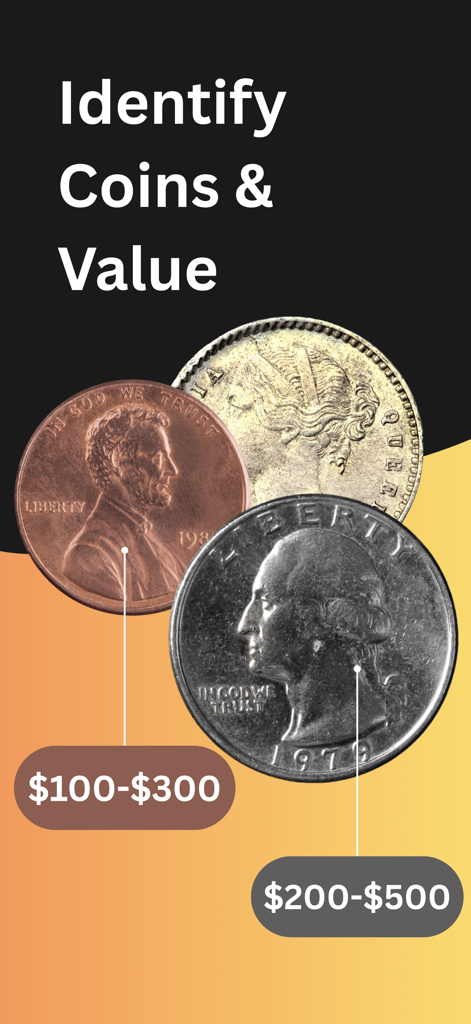 동전 식별기 앱 인터페이스에 페니와 쿼터가 표시되고 추정 시장 가치가 함께 표시됨