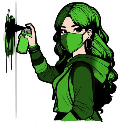 realistic girl with mask spray painting a wall