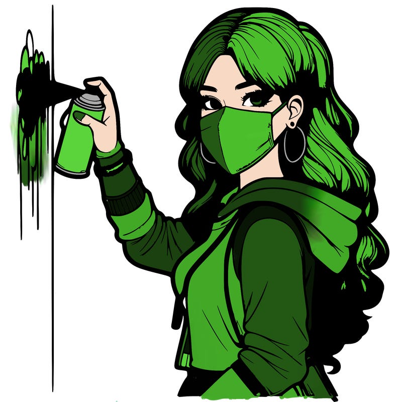 realistic girl with mask spray painting a wall