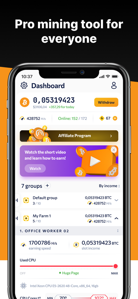 Dashboard dello strumento di mining dell'app CT Farm che mostra il saldo Bitcoin e l'hashrate dell'hardware di mining
