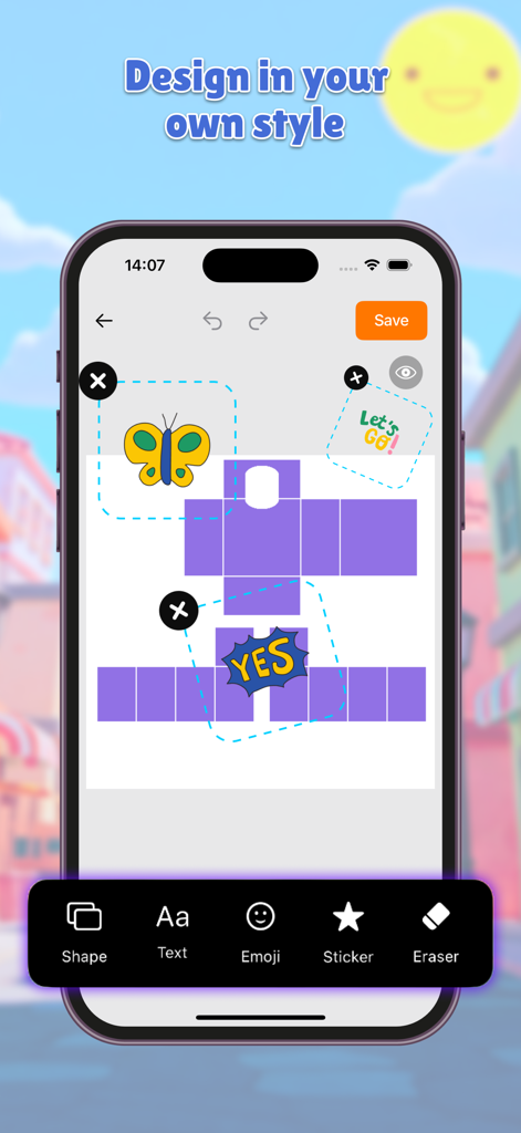 Avatar Clothes Maker Studio - Interfaz de aplicación móvil para diseñar ropa de avatar personalizada con herramientas de pegatinas y texto