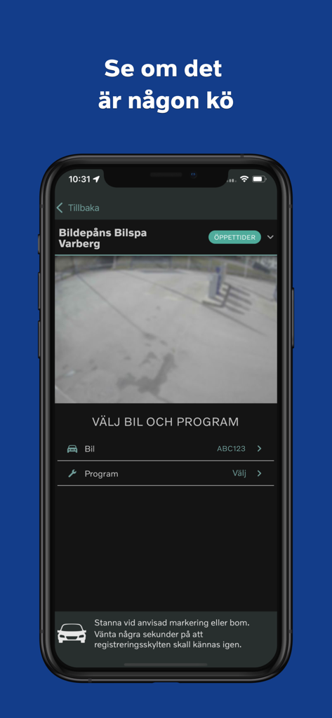 A smartphone showing the Tvatta car wash app interface with a live queue camera feed and vehicle registration options.