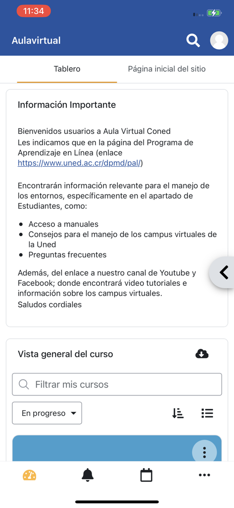 Panel principal de la app Campus Virtual UNED con resumen de cursos y anuncios