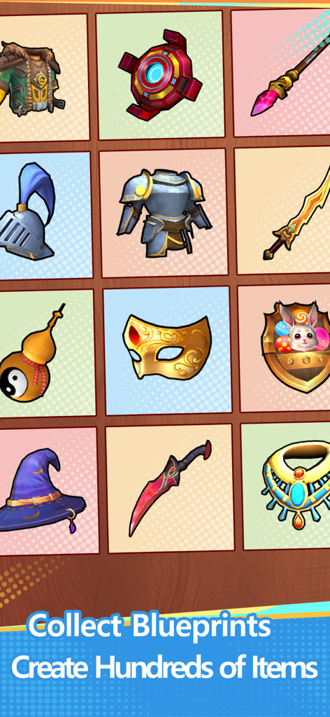 My Forge Shop: Sim Supermarket - マイ・フォージ・ショップのゲームで、作成可能な様々な装備アイテムと設計図が表示されたグリッド。