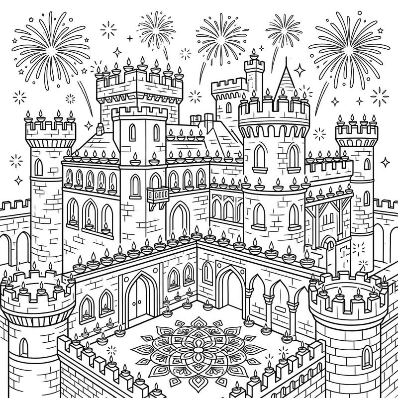 Step into a world where medieval grandeur meets festive joy with this unique Diwali castle coloring page. Illuminate its turrets and courtyards with your imagination as fireworks light up the night sky.