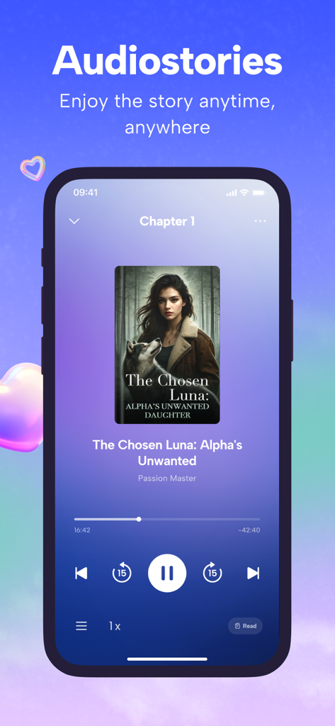 MyPassion: Read, Listen Novels - Smartphone screen showing the audio story player in the MyPassion app featuring a werewolf romance novel