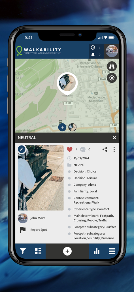 Walkability - A screenshot of the Walkability app showing a map view and a detailed user report about a recreational walking experience with specific infrastructure data.