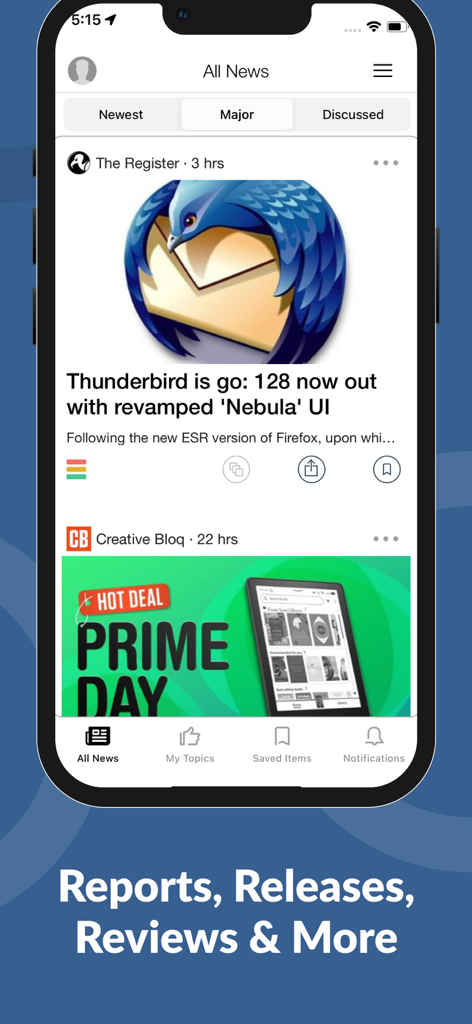 Interfaz de la aplicación Design News mostrando informes y lanzamientos de diseño gráfico y digital