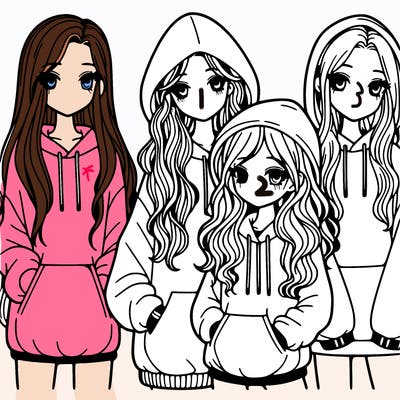 4 girls, one with long straight hair, one with long wavy hair, one with short curly hair, one with short straight hair, all wearing oversized hoodies