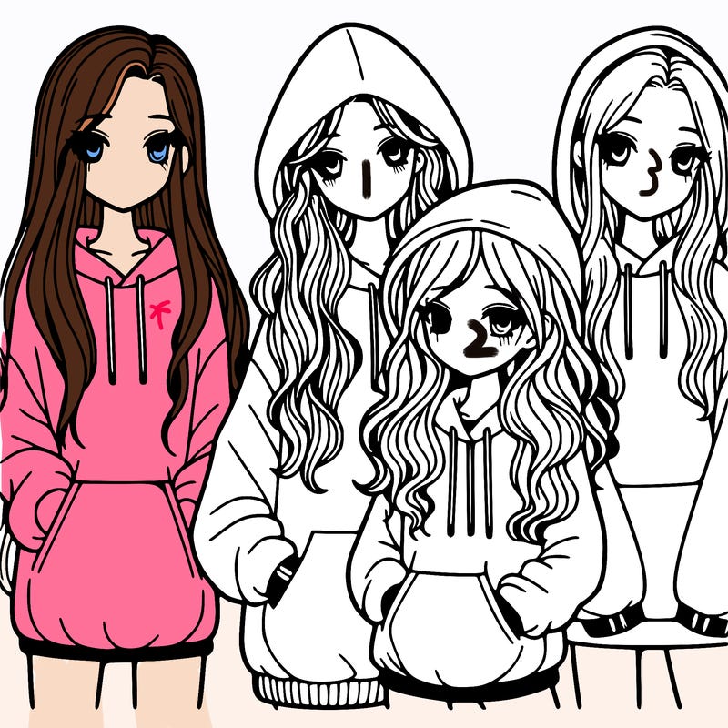 4 girls, one with long straight hair, one with long wavy hair, one with short curly hair, one with short straight hair, all wearing oversized hoodies
