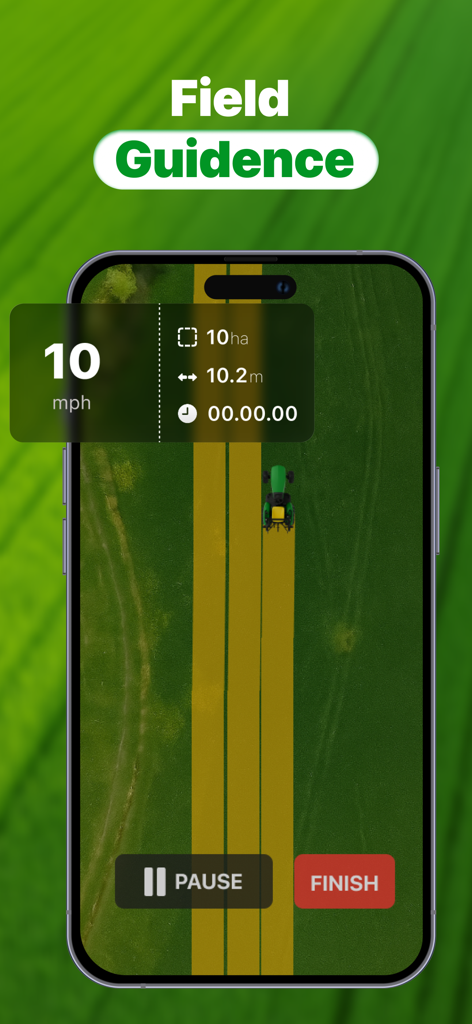 Tractor GPS - Field Navigation - Interface do aplicativo GPS para Tratores mostrando orientação de campo em tempo real e navegação de agricultura de precisão paralela em um smartphone.