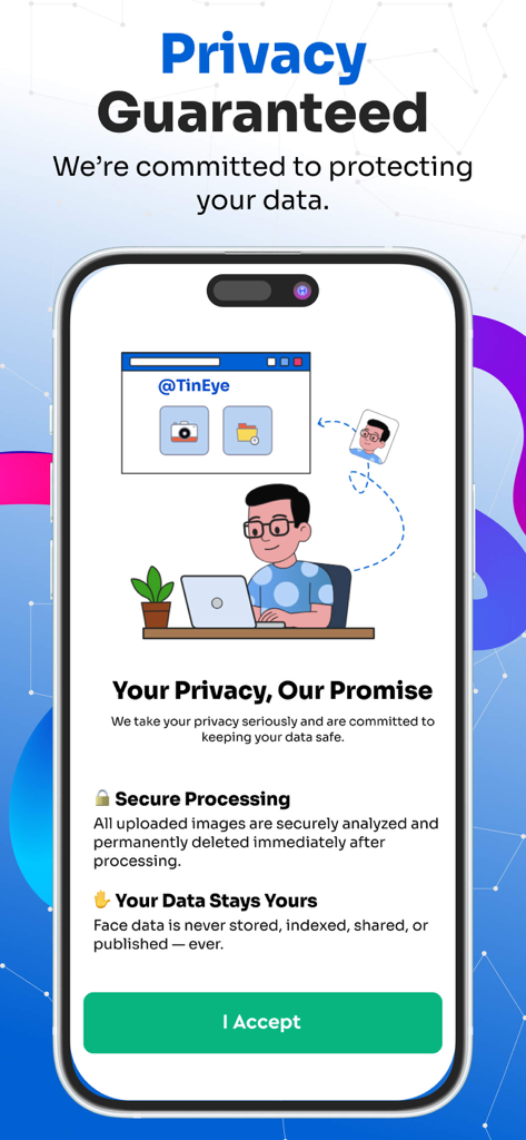 PimEyesアプリのプライバシー契約画面のスクリーンショット。データセキュリティとユーザープライバシー保護が強調されている