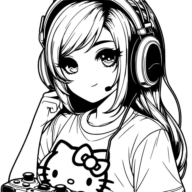 realistic gamergirl with headphones and hellokitty logo on her shirt
