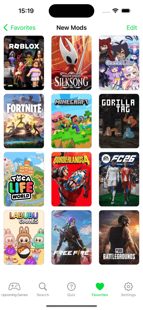 HappyMood app Favorites section displaying a grid of popular games including Roblox, Minecraft, and Fortnite.