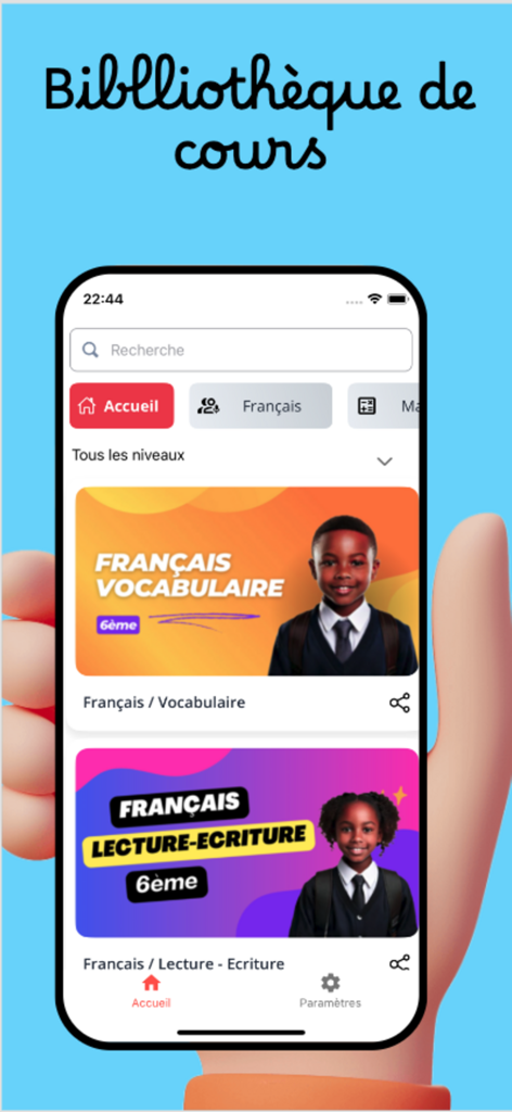 Elimu mobile app interface displaying a library of French vocabulary and reading courses for students.