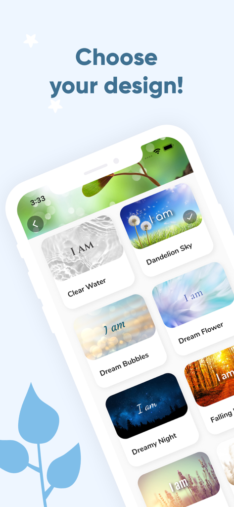 A screen showing various aesthetic background themes for positive affirmations