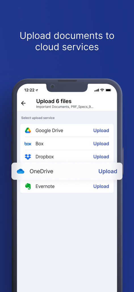 Easy Scanner Camera to PDF - Interfaz de la aplicación Easy Scanner mostrando opciones para subir documentos a servicios en la nube como Google Drive, Dropbox y OneDrive.