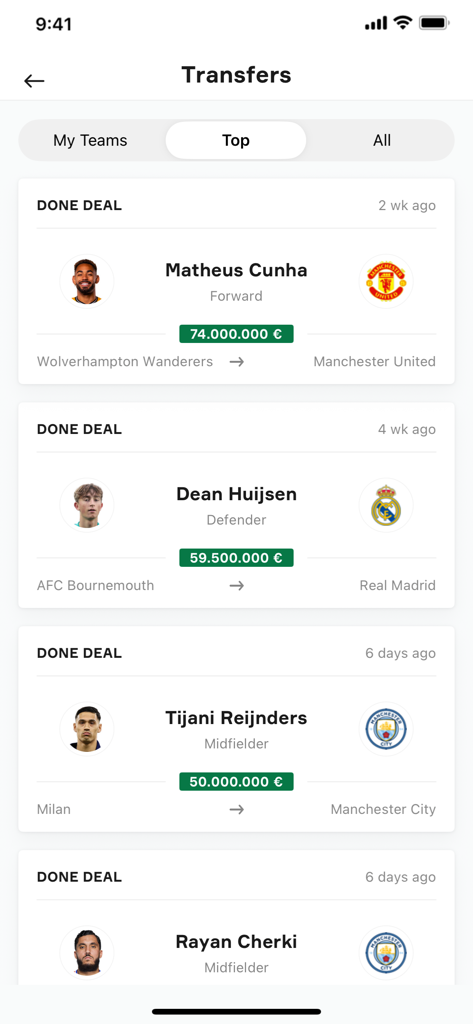 OneFootball app screen showing a list of completed soccer transfers with player names and market values