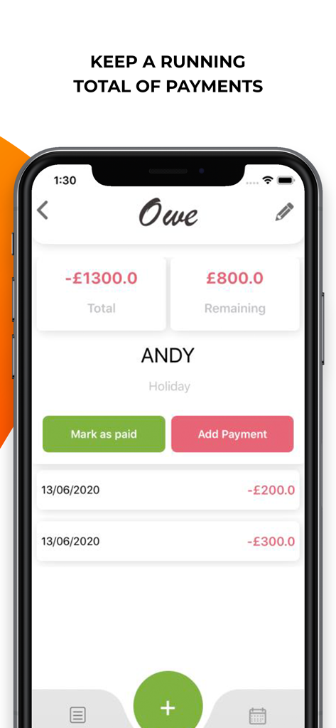 Owe: Debt Tracker & Planner - Screenshot of Owe app interface showing a running total and history of payments for a specific debt.