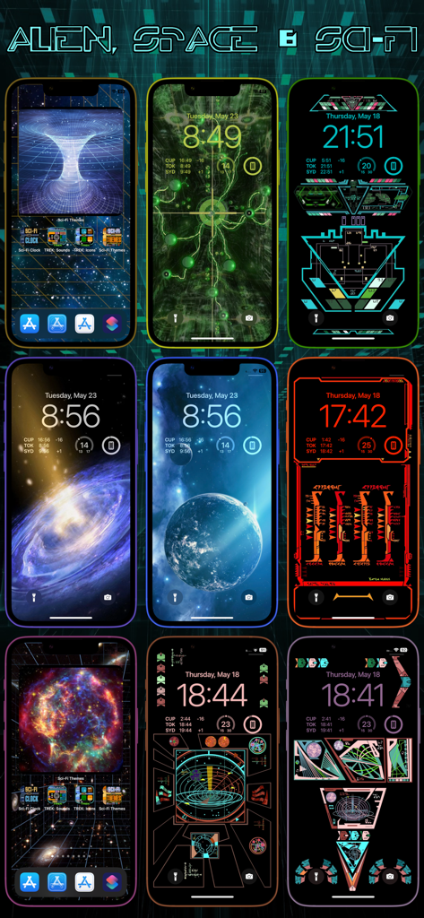 Sci-Fi Themes - A collection of nine iPhone screens displaying various futuristic sci-fi, space, and alien themed wallpapers and widgets.