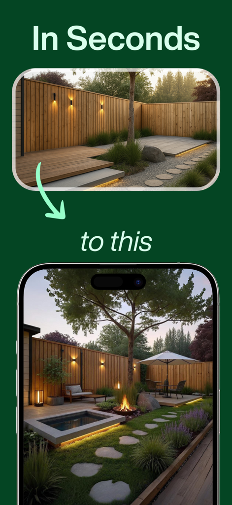 AI Garden Design: Landscape - Before and after garden landscape transformation using AI technology showing a simple yard evolved into a modern patio with fire pit and seating.