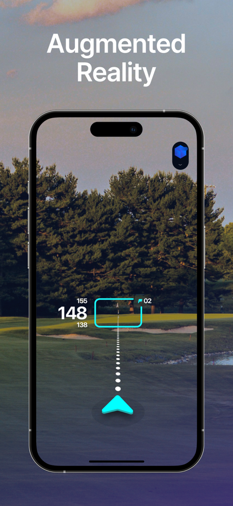 Hole19 app augmented reality feature showing distances and target overlays on a live golf course view.