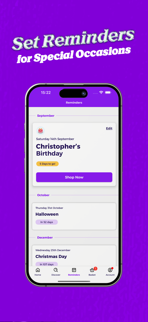 Funky Pigeon: Cards & Gifts - A screenshot of the Funky Pigeon app showing the reminders screen with upcoming dates for birthdays, Halloween, and Christmas Day.