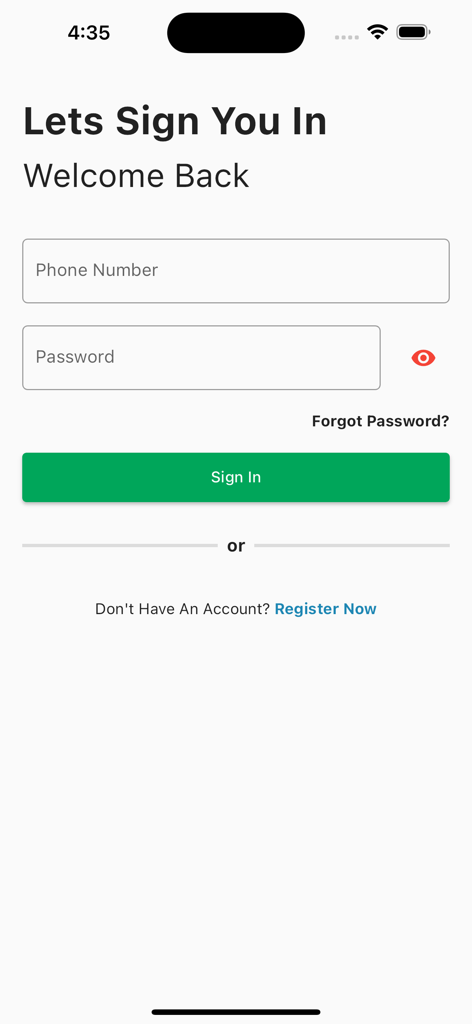 Broiler Plus - Sign in screen for the Broiler Plus poultry management app with phone number and password input fields