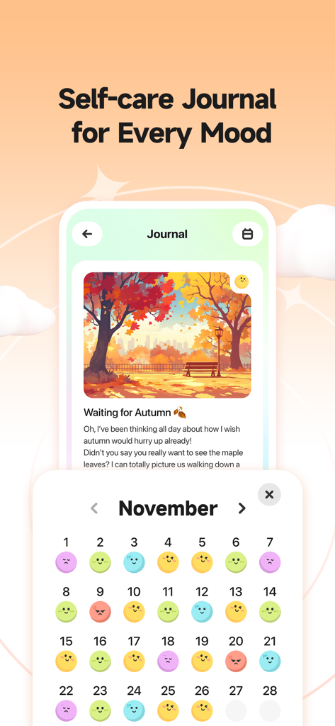 Pooca: Self-care Best Friend - Poocaアプリのスクリーンショット。セルフケアジャーナルのエントリーと、さまざまな気分アイコンが表示された月間カレンダーが表示されている。