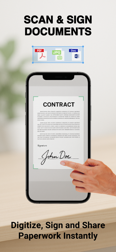 ProScan - Scanner To PDF - ProScanアプリを使用して契約書をスキャンおよびデジタル署名しているiPhoneが表示されています