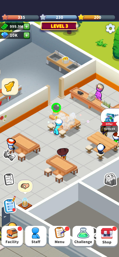 Little Restaurant - Vista de juego cenital de un simulador de restaurante con clientes en mesas y personal sirviendo comida.