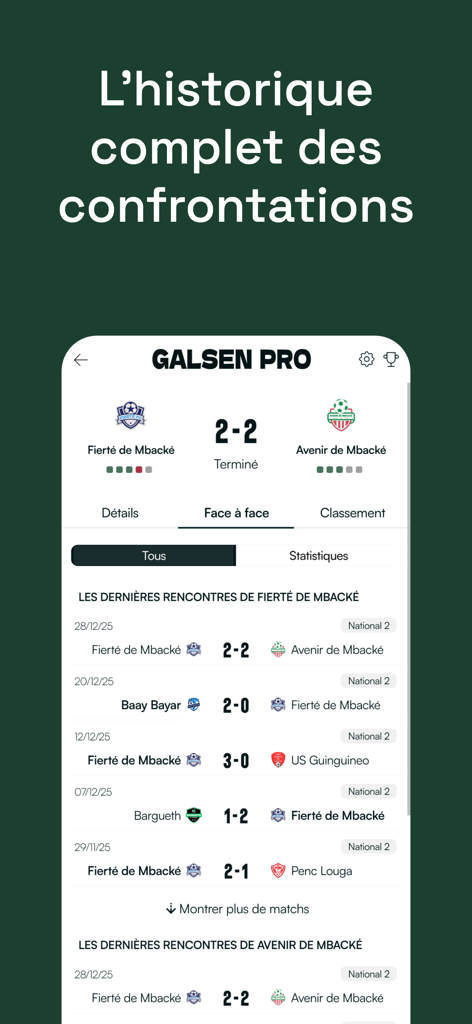 Galsen Pro - Galsen Pro app interface showing head-to-head match history and scores for Senegalese football teams