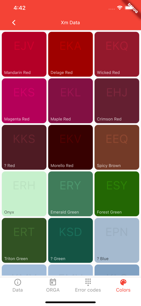 Xm Diagrams - A grid display of Citroen XM exterior paint color swatches with names and technical codes
