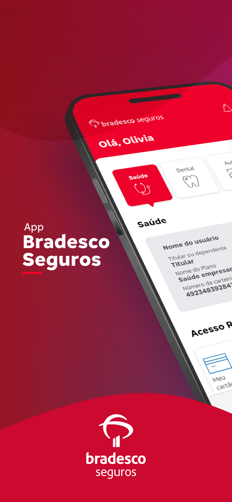 User interface of the Bradesco Seguros mobile app showing health insurance details in Portuguese
