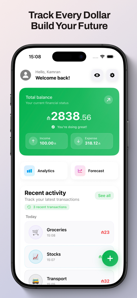 CashCoach - Finance Tracker - Dashboard principale dell'app CashCoach che mostra il saldo totale e le transazioni recenti