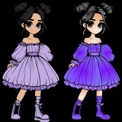 realistic teenage girl wearing a big poofy dress with boots with her hair up in two messy buns