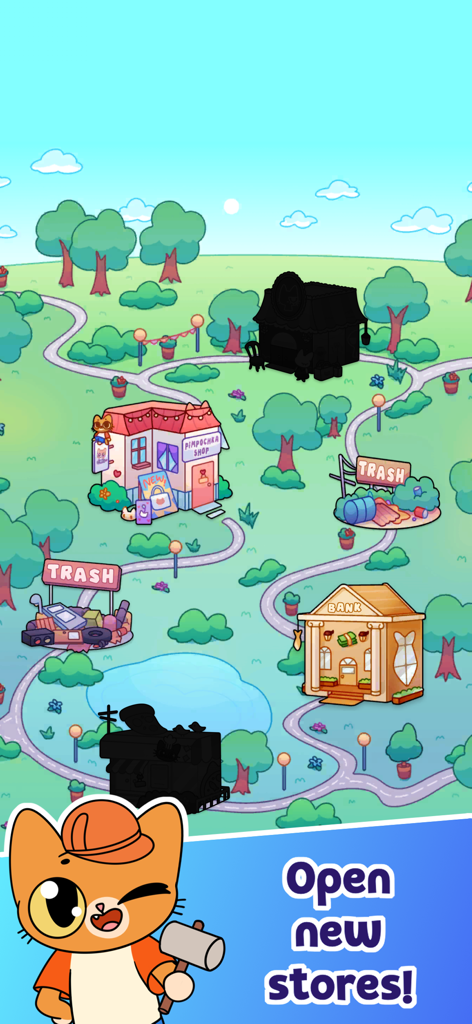 Simba Clicker - Mapa de desenho animado do mundo do jogo Simba Clicker mostrando prédios para desbloquear e um gato com um martelo.