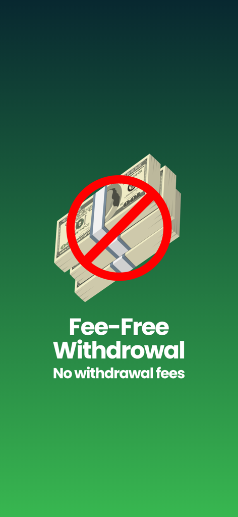 手数料無料の出金プロモーション。現金の山と赤い禁止標識が表示され、「出金手数料なし」と表示されています。